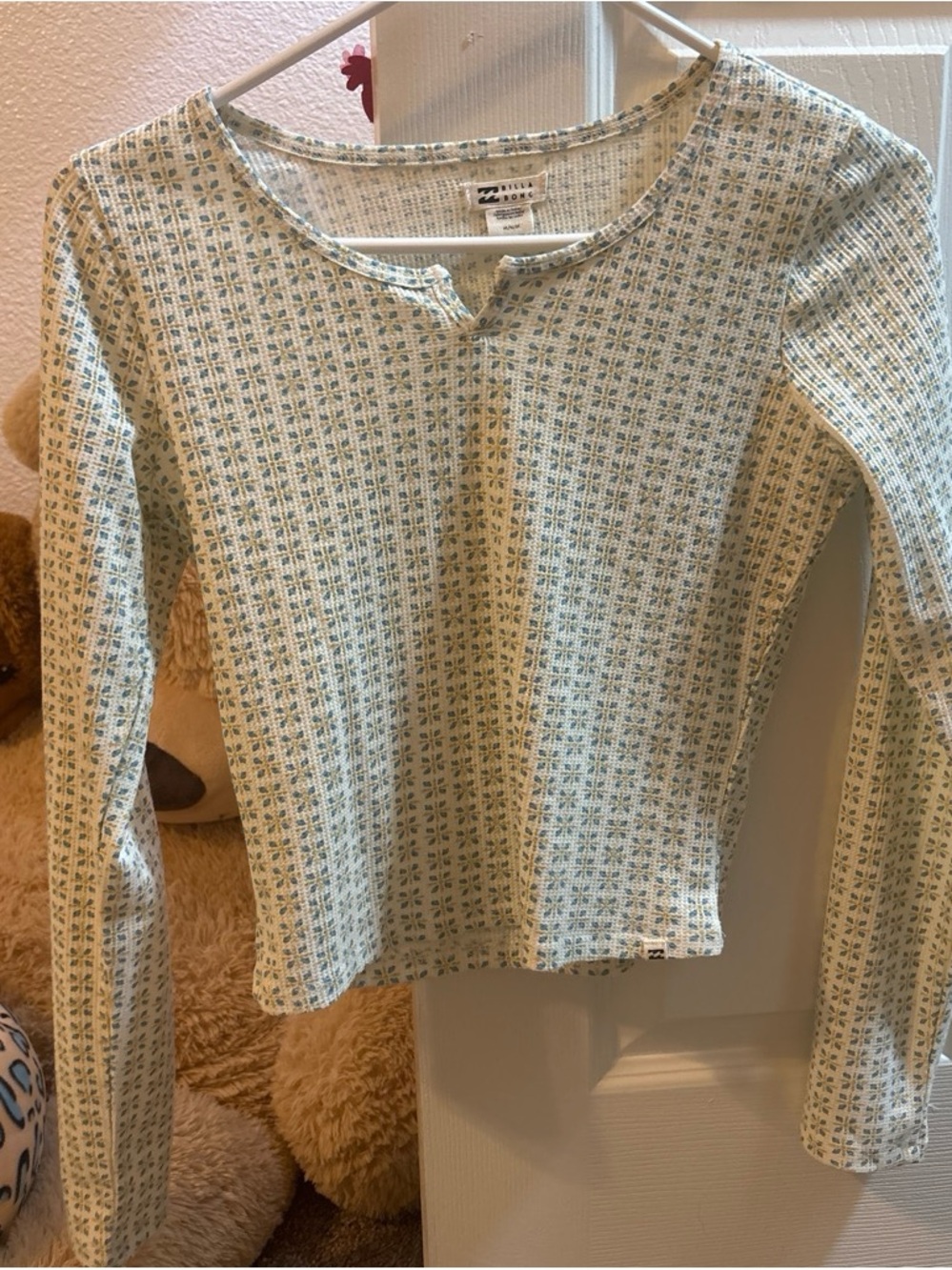 Billabong Cream and Sage Green Patterned Long Sleeve Top